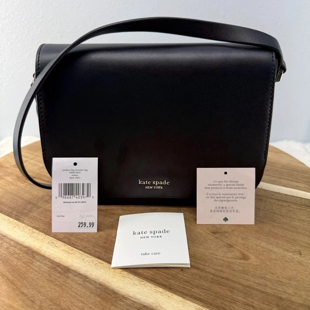 Kate Spade New York Nadine Medium Flap Shoulder Bag Black Leather Crossbody Pink